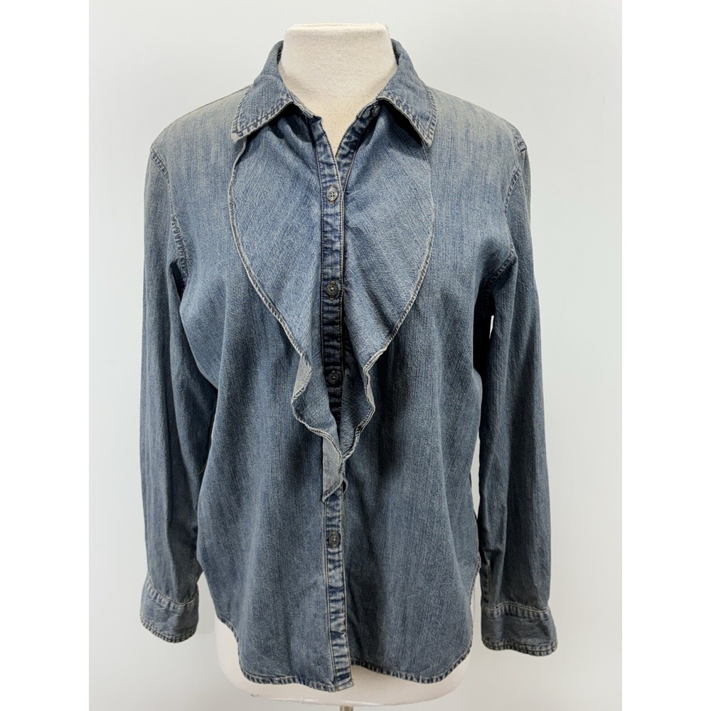 Vtg Ralph Lauren Jeans Co Denim Ruffle Shirt Women's L Blue Western Boho Cowgirl